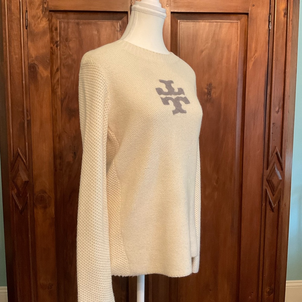 Tory Burch Cream Sweater with Gray Logo & Shimmery gold threading - Picture 2 of 16